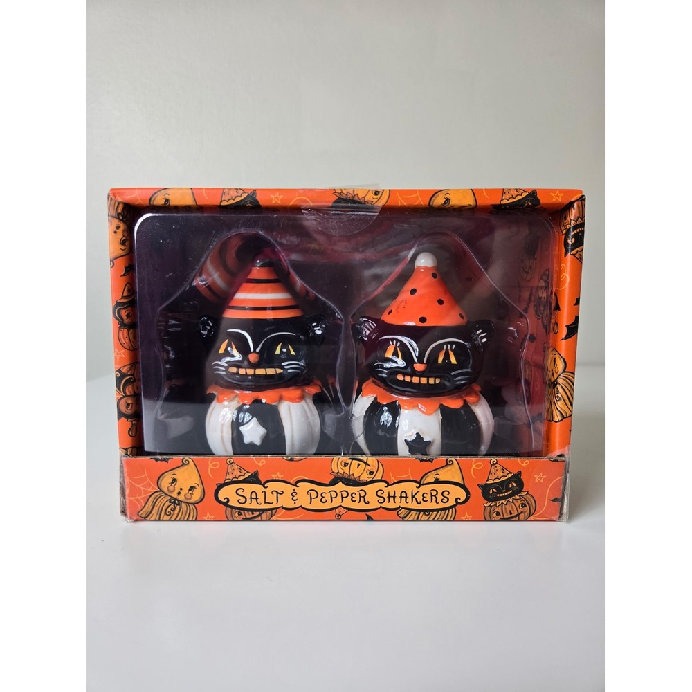Johanna Parker Black Cat Salt & Pepper‎ Shakers Orange NEW Halloween